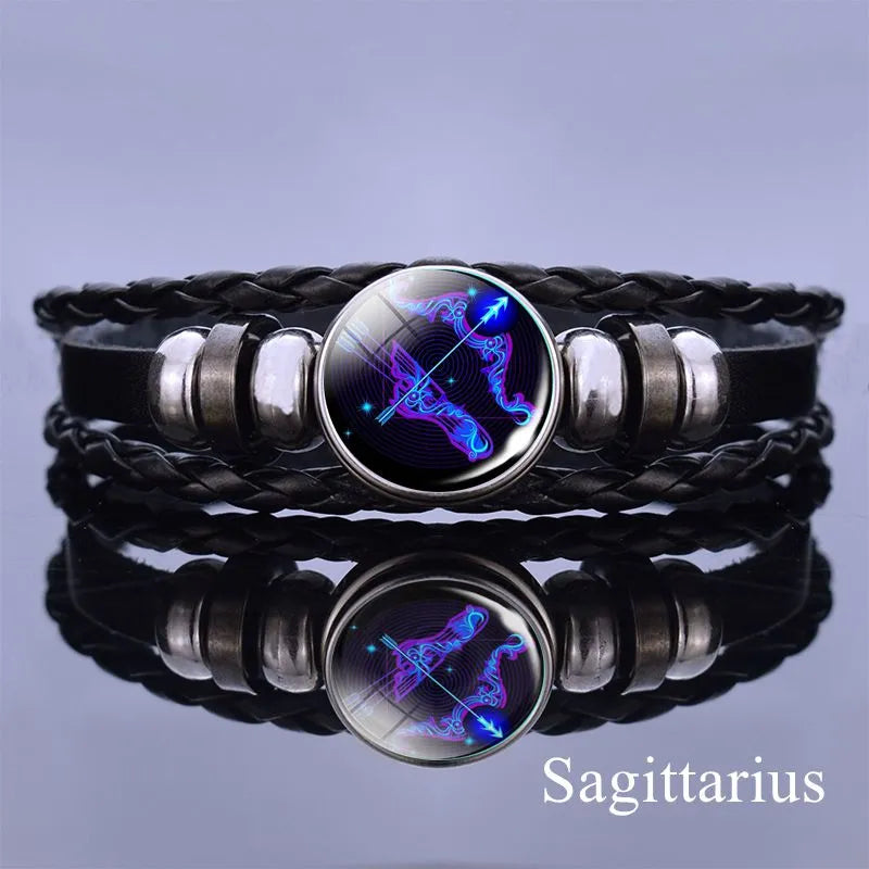 Pulseira de Couro com Charmes dos 12 Signos do Zodíaco - Presente de Aniversário Estiloso