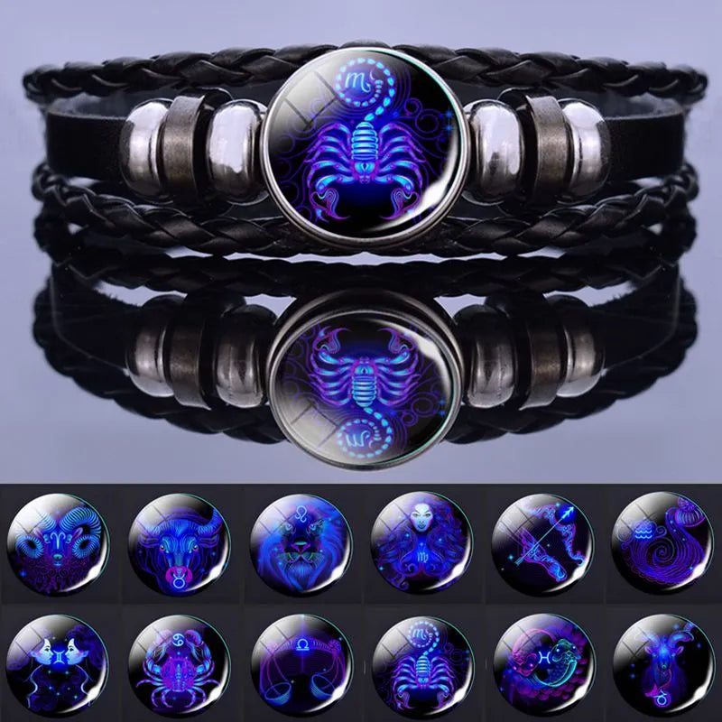 Pulseira de Couro com Charmes dos 12 Signos do Zodíaco - Presente de Aniversário Estiloso