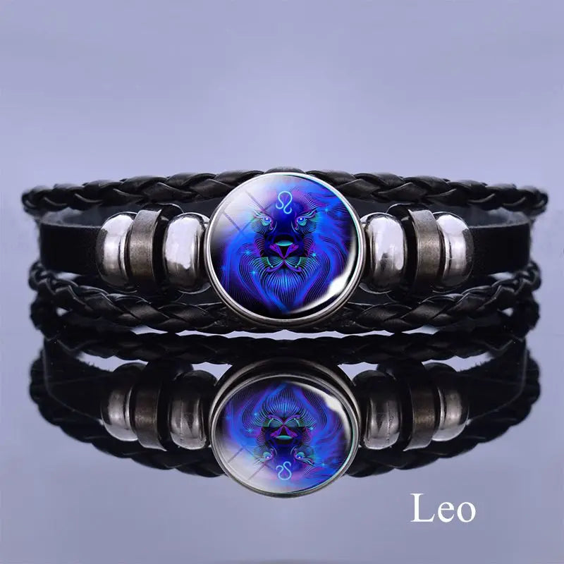 Pulseira de Couro com Charmes dos 12 Signos do Zodíaco - Presente de Aniversário Estiloso