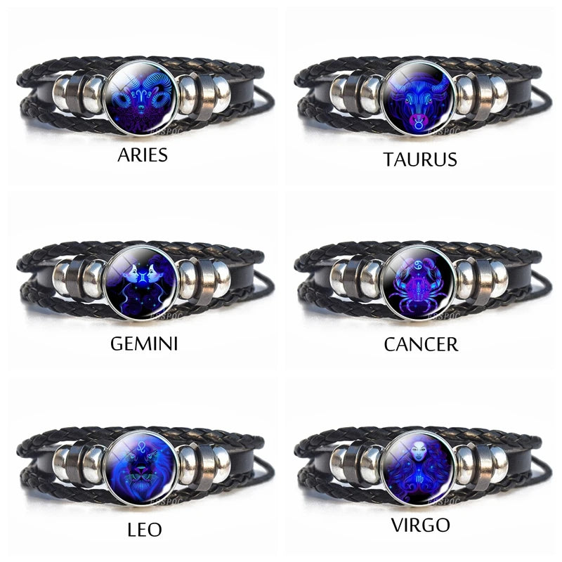 Pulseira de Couro com Charmes dos 12 Signos do Zodíaco - Presente de Aniversário Estiloso
