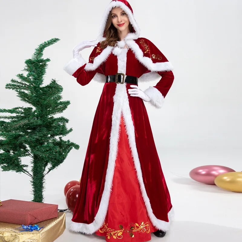 "Traje Clássico de Sra. Claus - Vista-se com Elegância e Estilo neste Natal!"