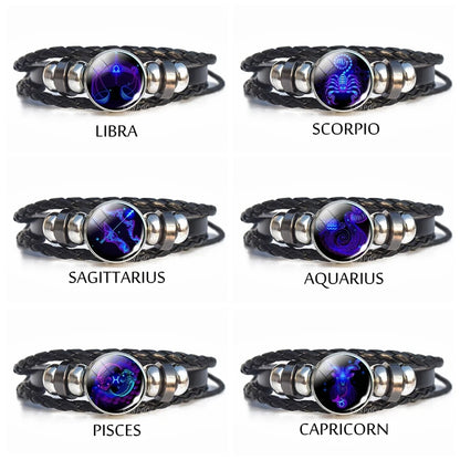 Pulseira de Couro com Charmes dos 12 Signos do Zodíaco - Presente de Aniversário Estiloso