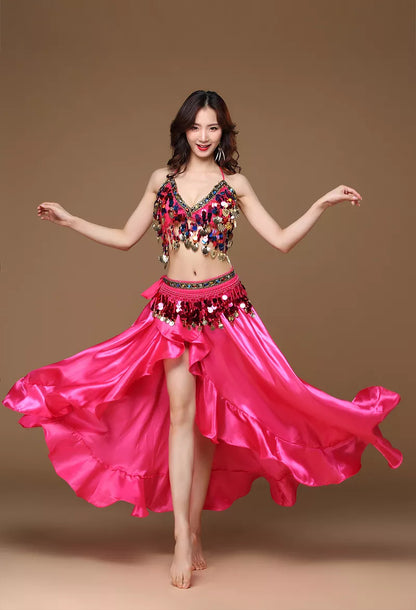 Novo Traje de Dança do Ventre Feminino Adulto Oriental Conjunto de 3 Peças