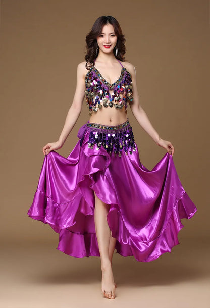 Novo Traje de Dança do Ventre Feminino Adulto Oriental Conjunto de 3 Peças