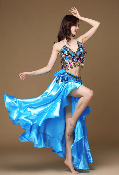 Novo Traje de Dança do Ventre Feminino Adulto Oriental Conjunto de 3 Peças
