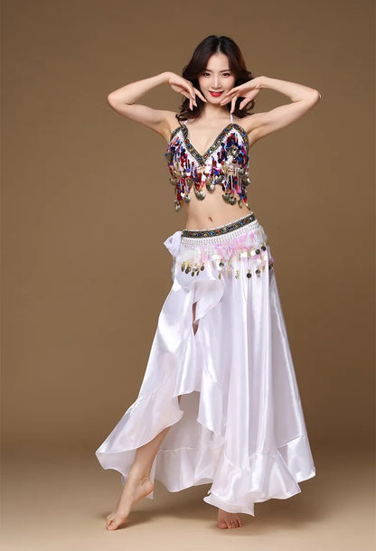 Novo Traje de Dança do Ventre Feminino Adulto Oriental Conjunto de 3 Peças