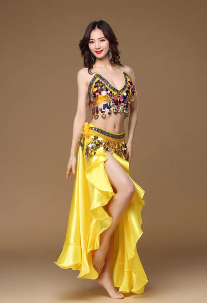 Novo Traje de Dança do Ventre Feminino Adulto Oriental Conjunto de 3 Peças