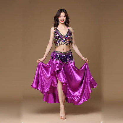 Novo Traje de Dança do Ventre Feminino Adulto Oriental Conjunto de 3 Peças