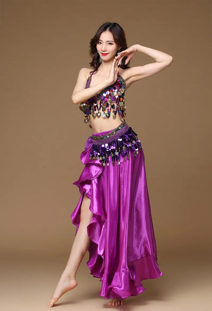 Novo Traje de Dança do Ventre Feminino Adulto Oriental Conjunto de 3 Peças