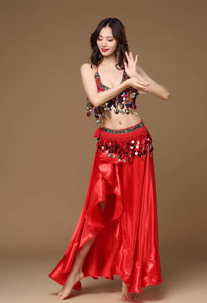 Novo Traje de Dança do Ventre Feminino Adulto Oriental Conjunto de 3 Peças