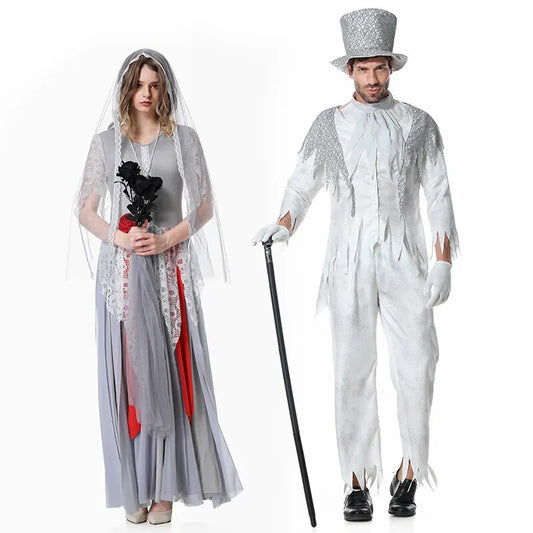 "Zumbi Noiva e Fantasma Noivo - O Cosplay Perfeito para Casais na Festa de Halloween"