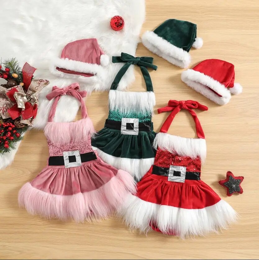 "Vestido de Natal Infantil - Adorável e Aconchegante em Veludo com Chapéu"