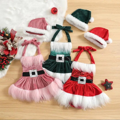"Vestido de Natal Infantil - Adorável e Aconchegante em Veludo com Chapéu"